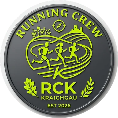 Logo der Running Crew Kraichgau: drei Läufer in einer Herzschleife über den Kraichgauer Hügeln, RCK Kraichgau, gegründet 2026
